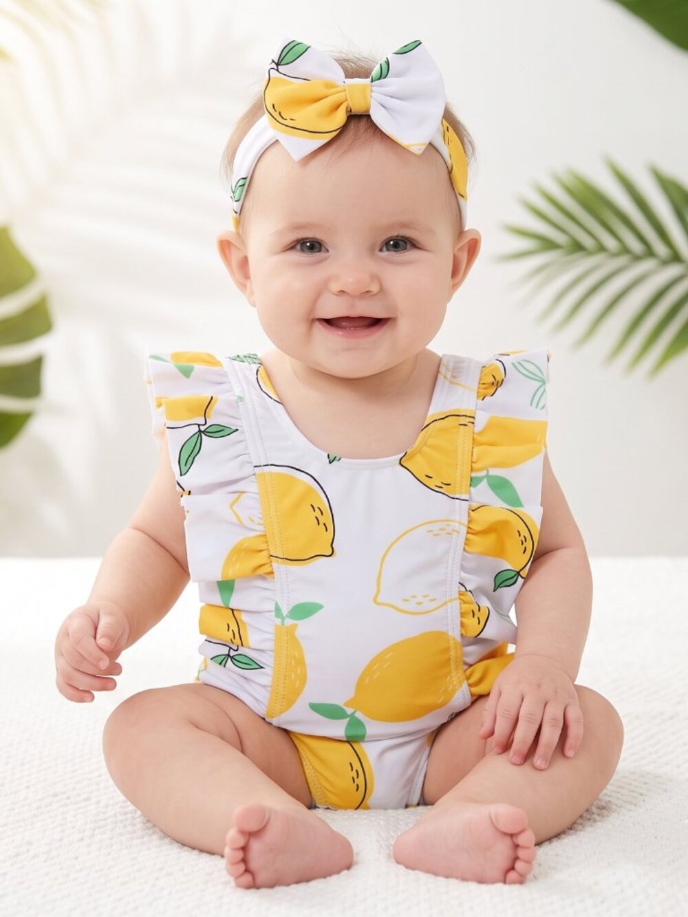 NWOT | Baby Girl Citrus Lemon Print Swimsuit & Matching Headband Set | Yellow &